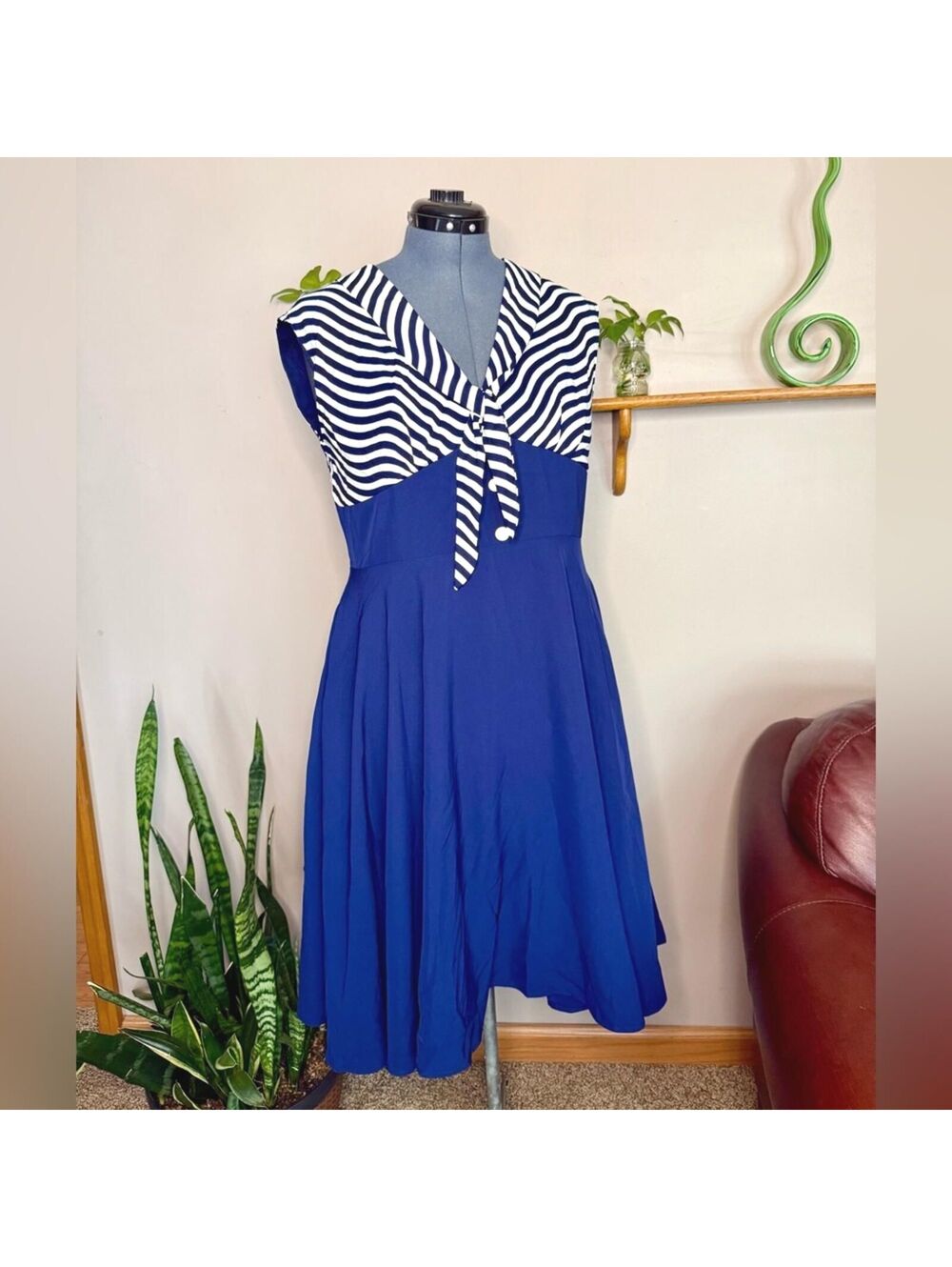 Retro Stage XXL Blue White Striped Sailor Dress Nautical Tie Front Pinup Retro
